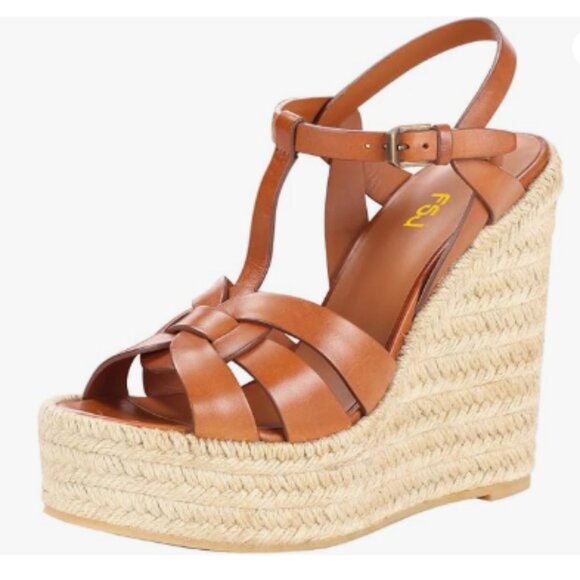 FSJ Brown Open Toe Espadrille Platform Ankle Strap Wedge Woven Cutout Sandals - Picture 1 of 8